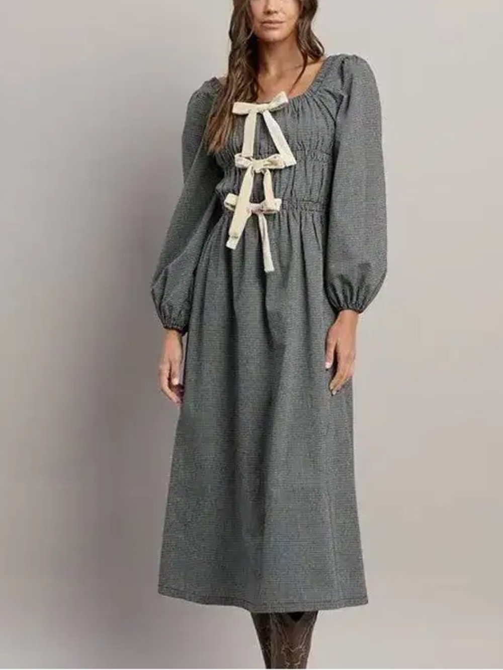 Able Black-and-White Smocked Midi Dress with Cream Bow Accents